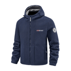 Men's navy blue windproof hooded fleece jacket, front view
