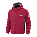 Men's red windproof hooded fleece jacket, front view