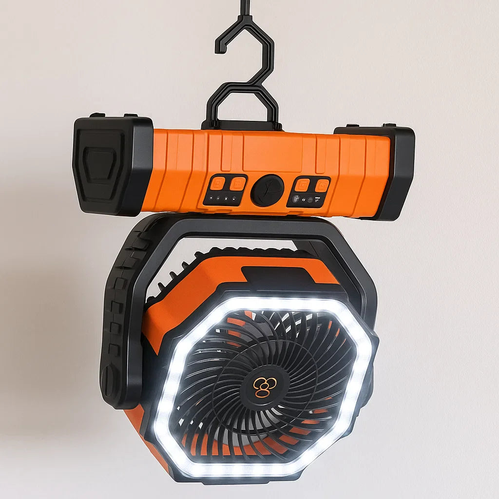 Camping Fan with LED & Powerbank | 3-in-1 Outdoor Essential