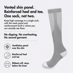 Infographic: vented shin panel, reinforced heel and toe, one sock not two