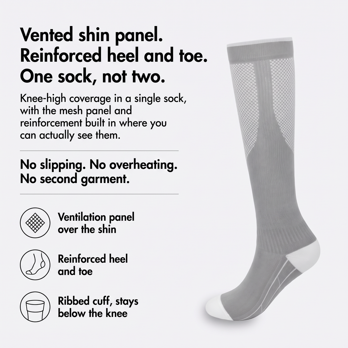Infographic: vented shin panel, reinforced heel and toe, one sock not two