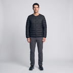 Terrabound Men's Down Jacket in Black, full-length view with trail shoes