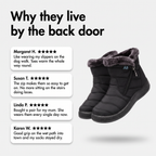 Review cards about warm, easy to wear winter boots beside a black pair