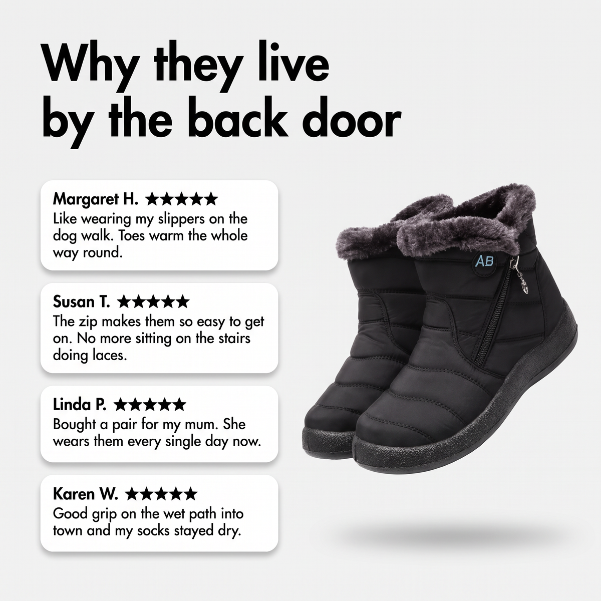 Review cards about warm, easy to wear winter boots beside a black pair