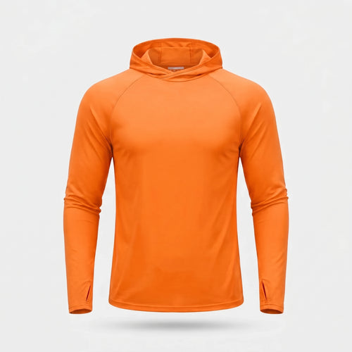 Men's UPF 50+ Sun Hoodie in orange - ghost mannequin front view