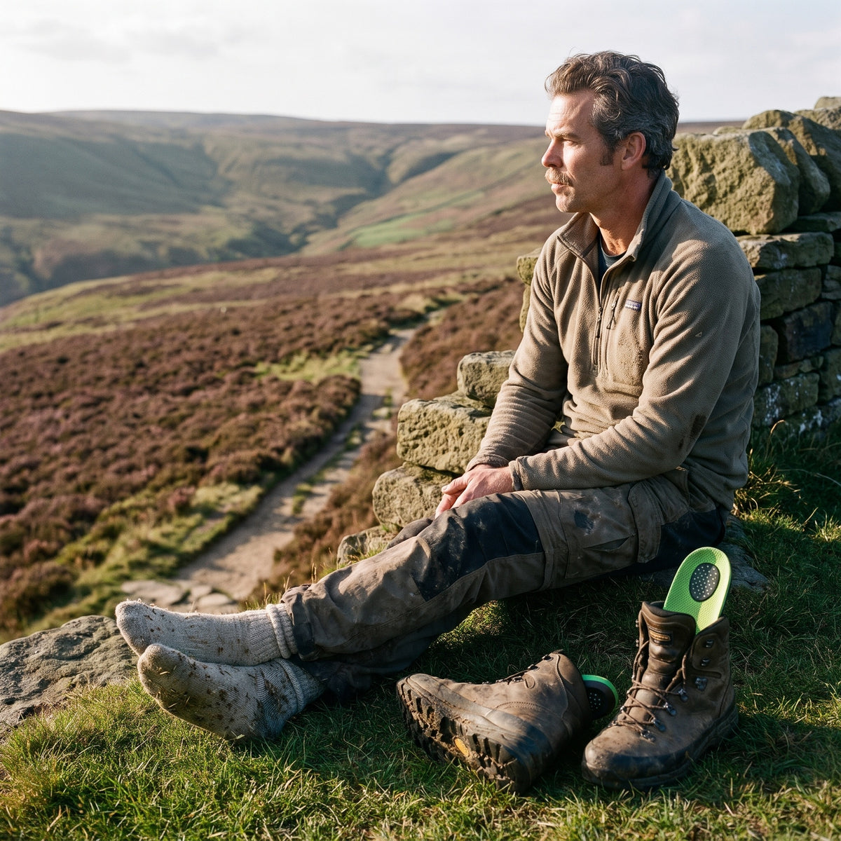 Walker resting on a drystone wall after a hill day, an arch support insole pulled out of his walking boot