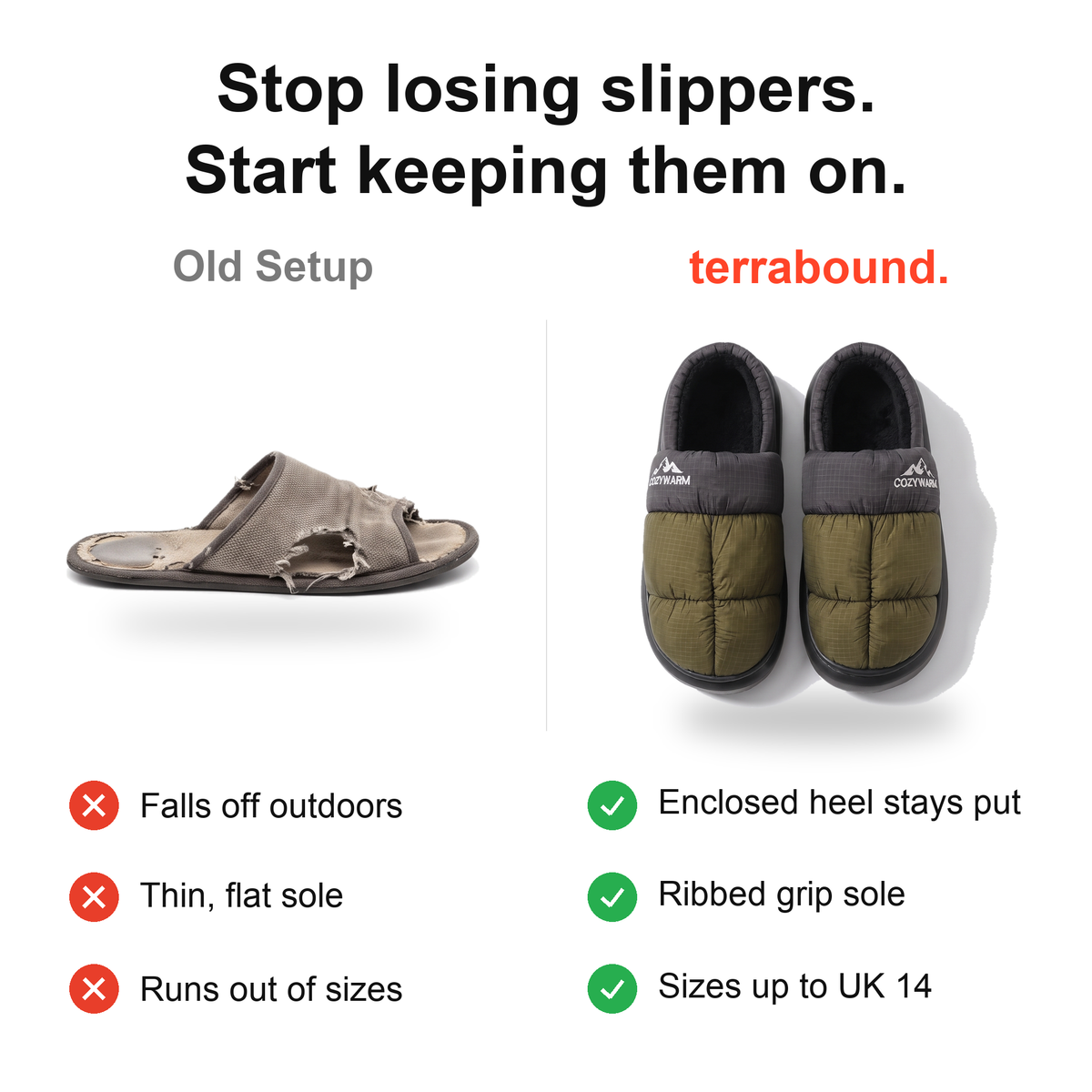 Comparison graphic: open-back slippers versus Terrabound Camp Slippers, showing the enclosed heel, ribbed grip sole and sizes up to UK 14