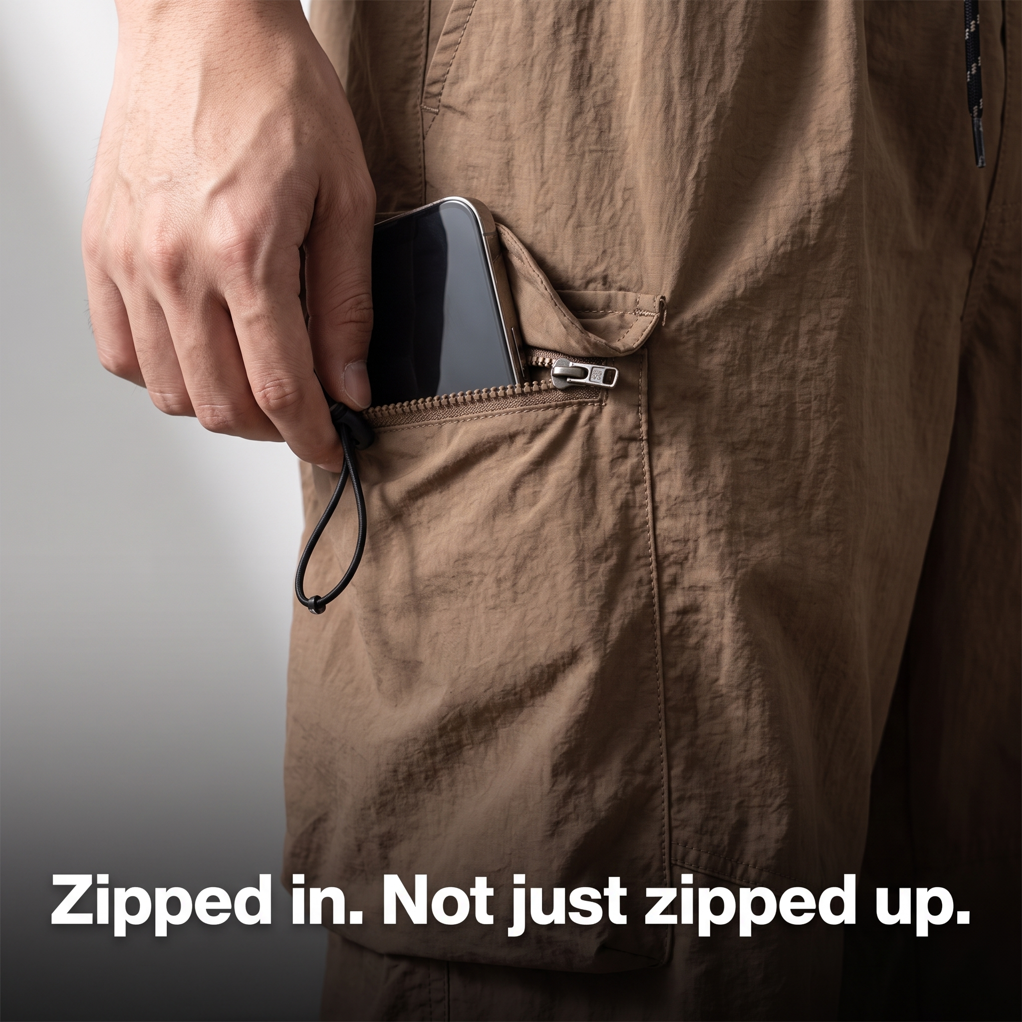 Close-up of a zip-secured thigh cargo pocket