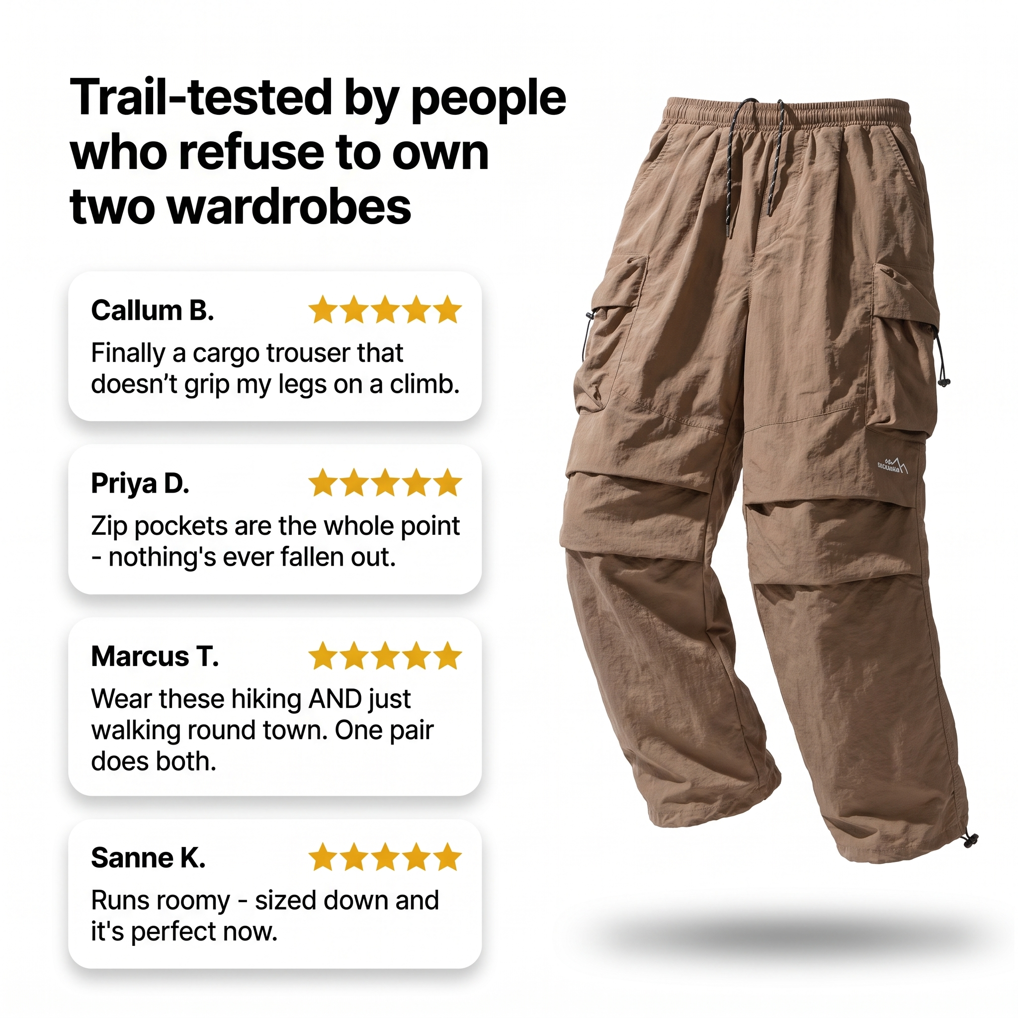 Terrabound cargo trousers customer review graphic