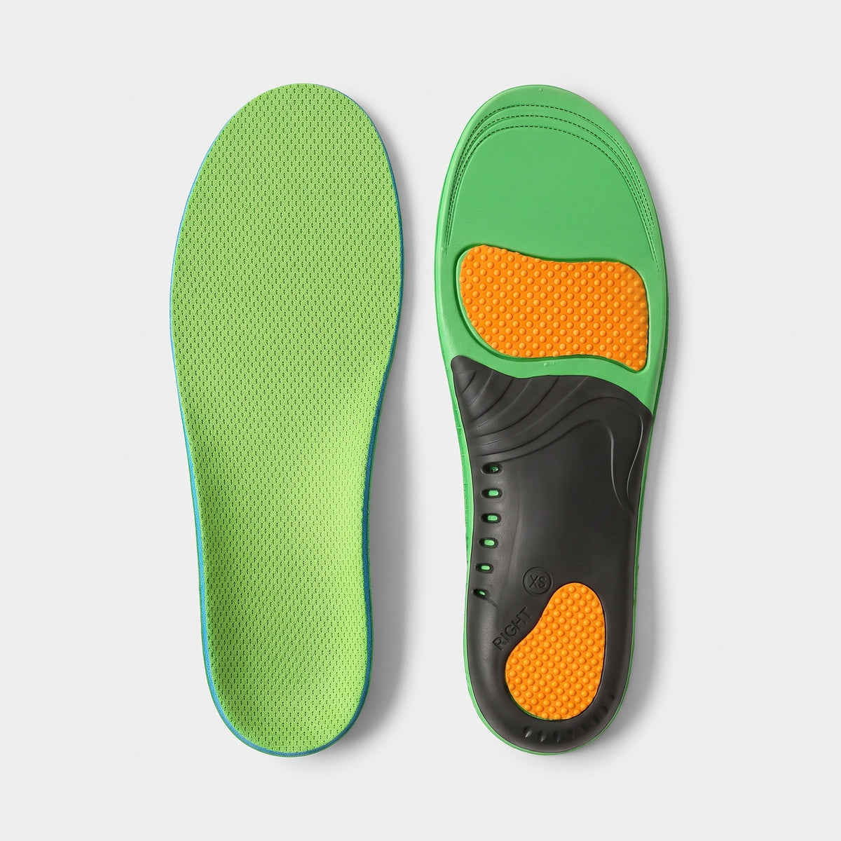 Terrabound arch support insoles in green, a pair from above showing the knitted top and the underside with gel pads and arch shell
