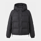 Women's hooded short down puffer jacket in Black, front fastened