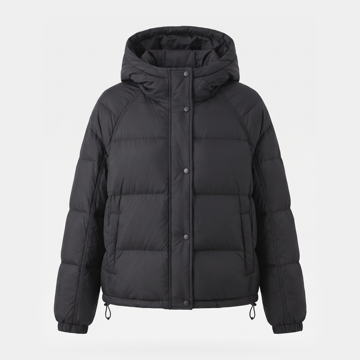 Women's hooded short down puffer jacket in Black, front fastened