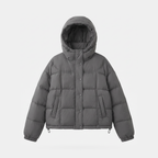 Women's hooded short down puffer jacket in Charcoal Grey, front fastened