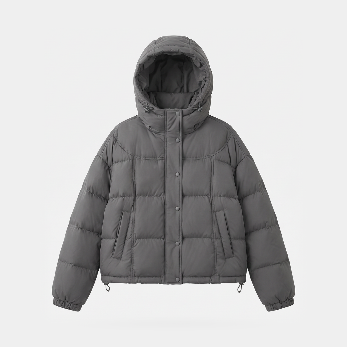 Women's hooded short down puffer jacket in Charcoal Grey, front fastened