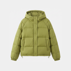 Women's hooded short down puffer jacket in Green, front fastened
