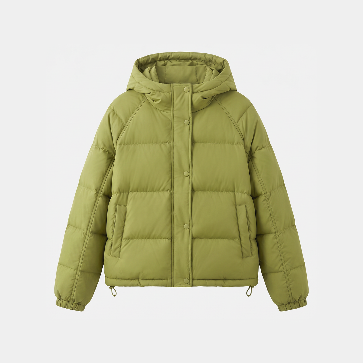 Women's hooded short down puffer jacket in Green, front fastened