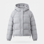 Women's hooded short down puffer jacket in Light Blue, front fastened