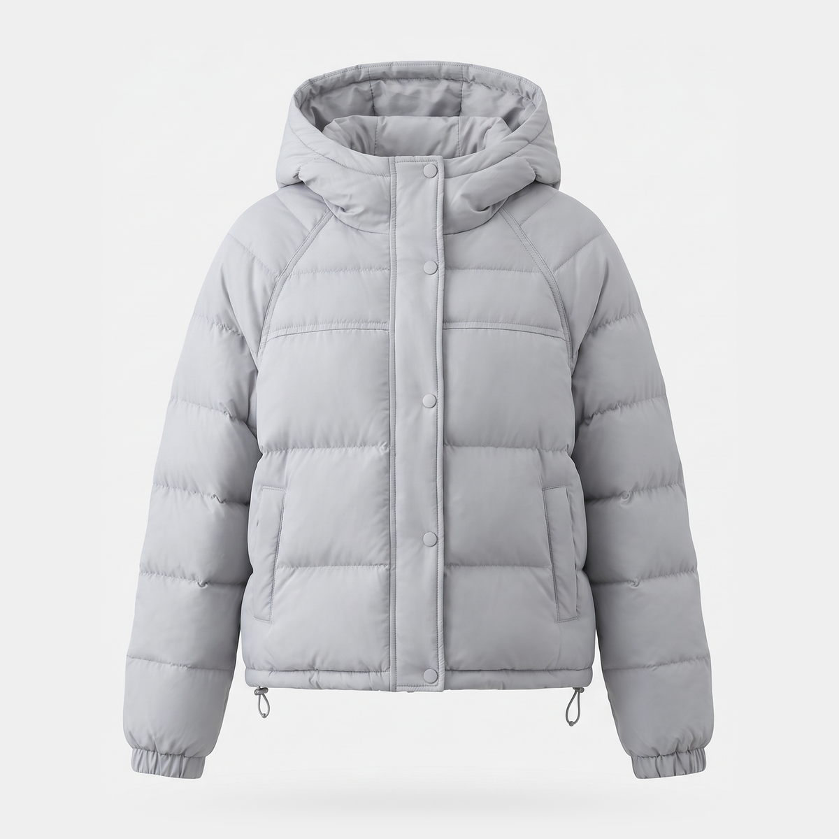 Women's hooded short down puffer jacket in Light Blue, front fastened