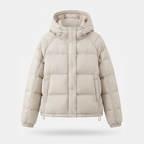Women's hooded short down puffer jacket in Off-White, front fastened