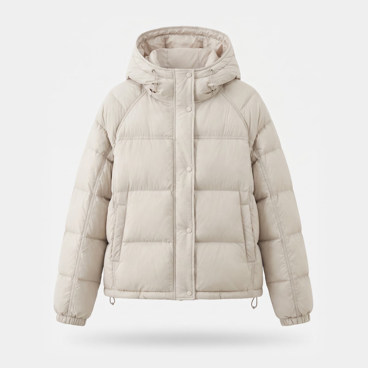 Women's hooded short down puffer jacket in Off-White, front fastened