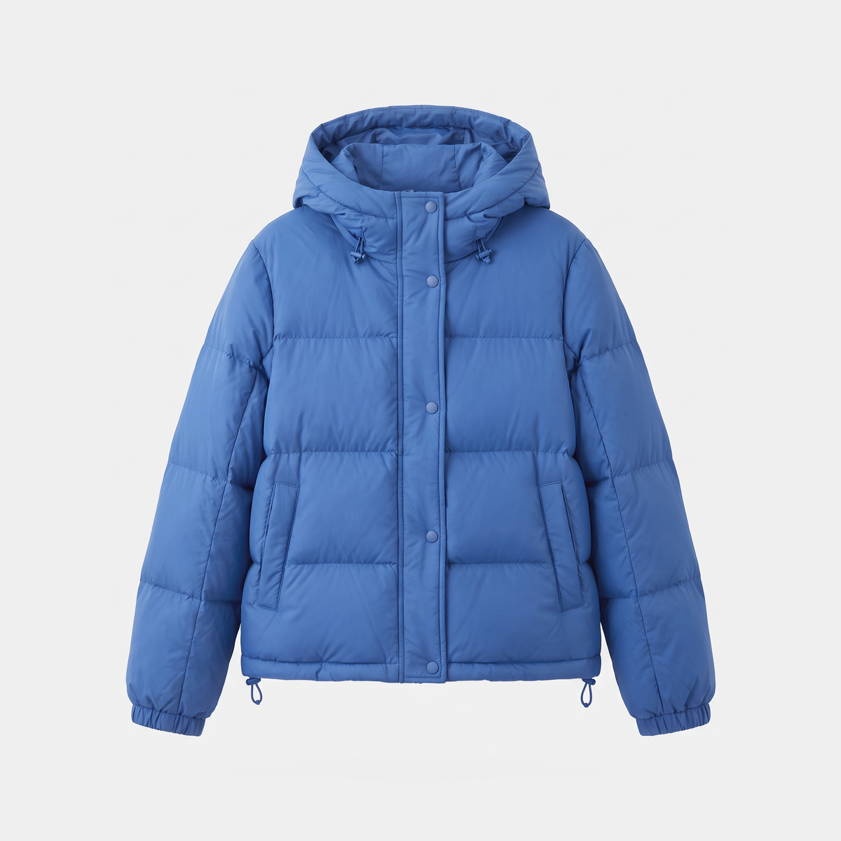 Women's hooded short down puffer jacket in Royal Blue, front fastened