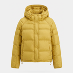 Women's hooded short down puffer jacket in Yellow, front fastened