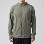 Men's full-zip sun hoodie in army green, front view