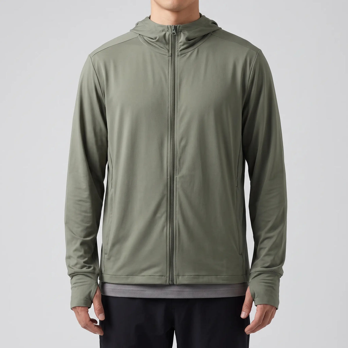 Men's full-zip sun hoodie in army green, front view