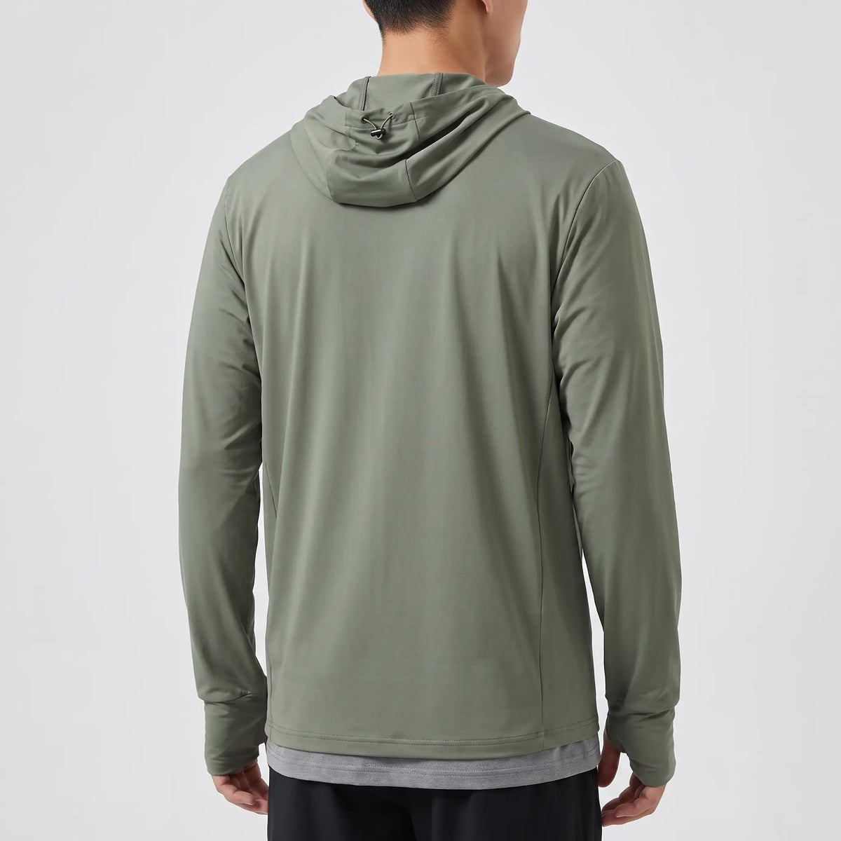 Men's full-zip sun hoodie in army green, back view showing the plain hood