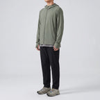 Men's full-zip sun hoodie in army green, three-quarter side view