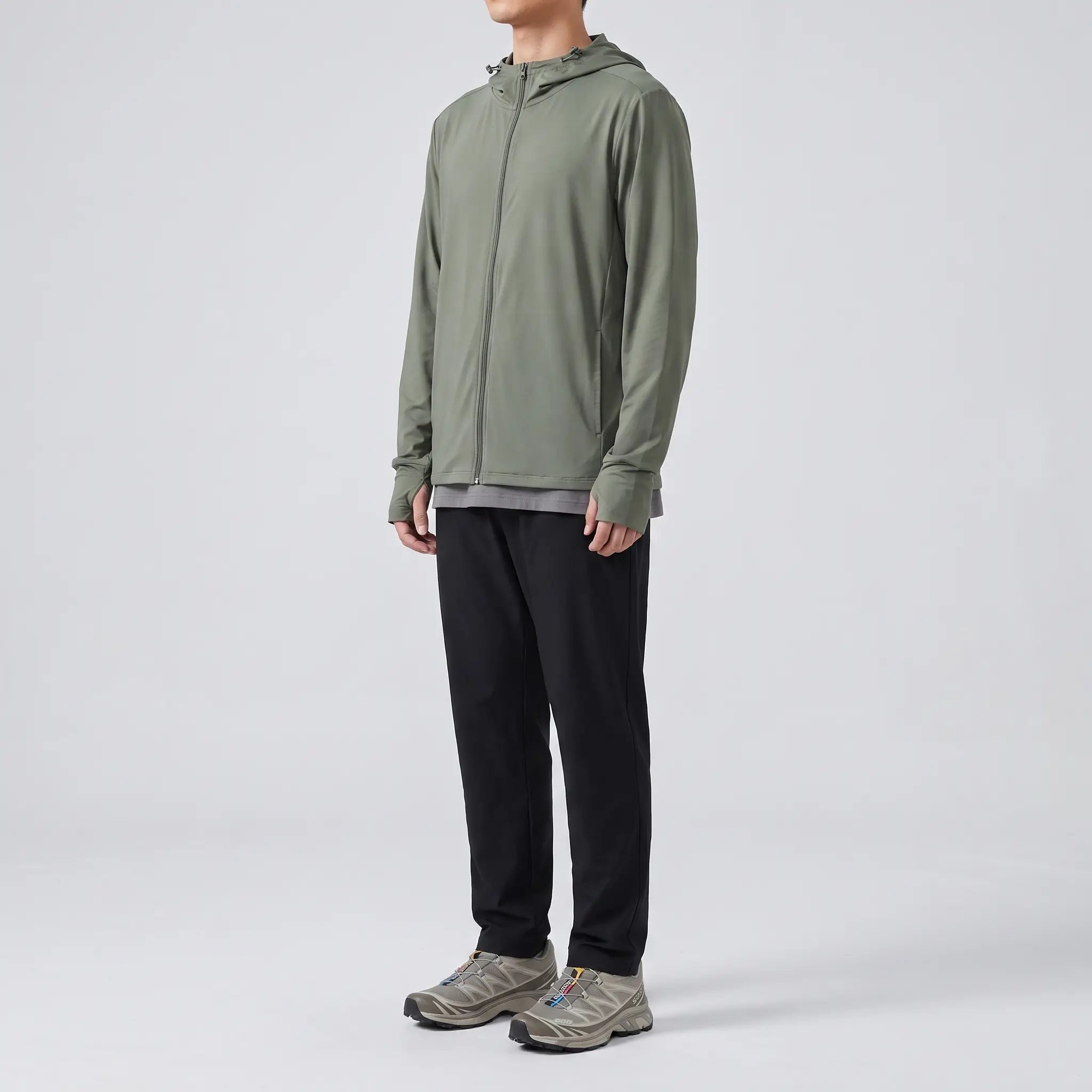 Men's full-zip sun hoodie in army green, three-quarter side view