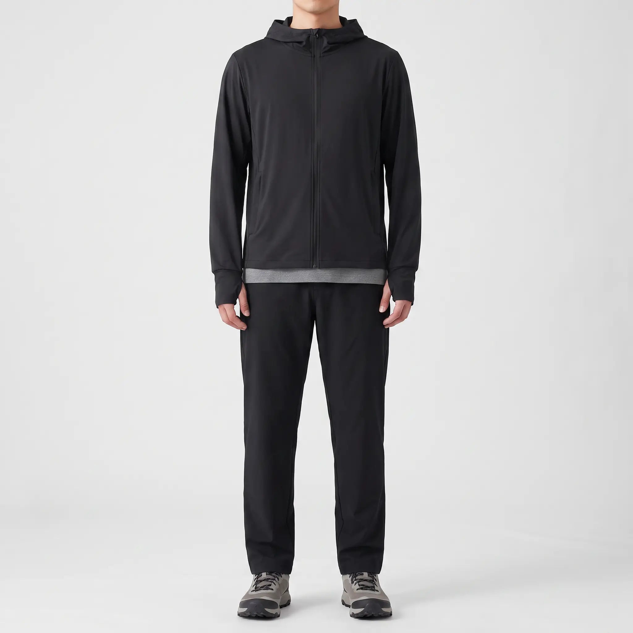 Men's full-zip sun hoodie in black, front view