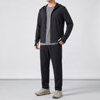 Men's full-zip sun hoodie in black, three-quarter side view