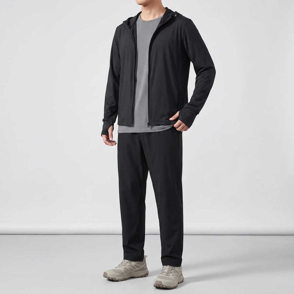 Men's full-zip sun hoodie in black, three-quarter side view