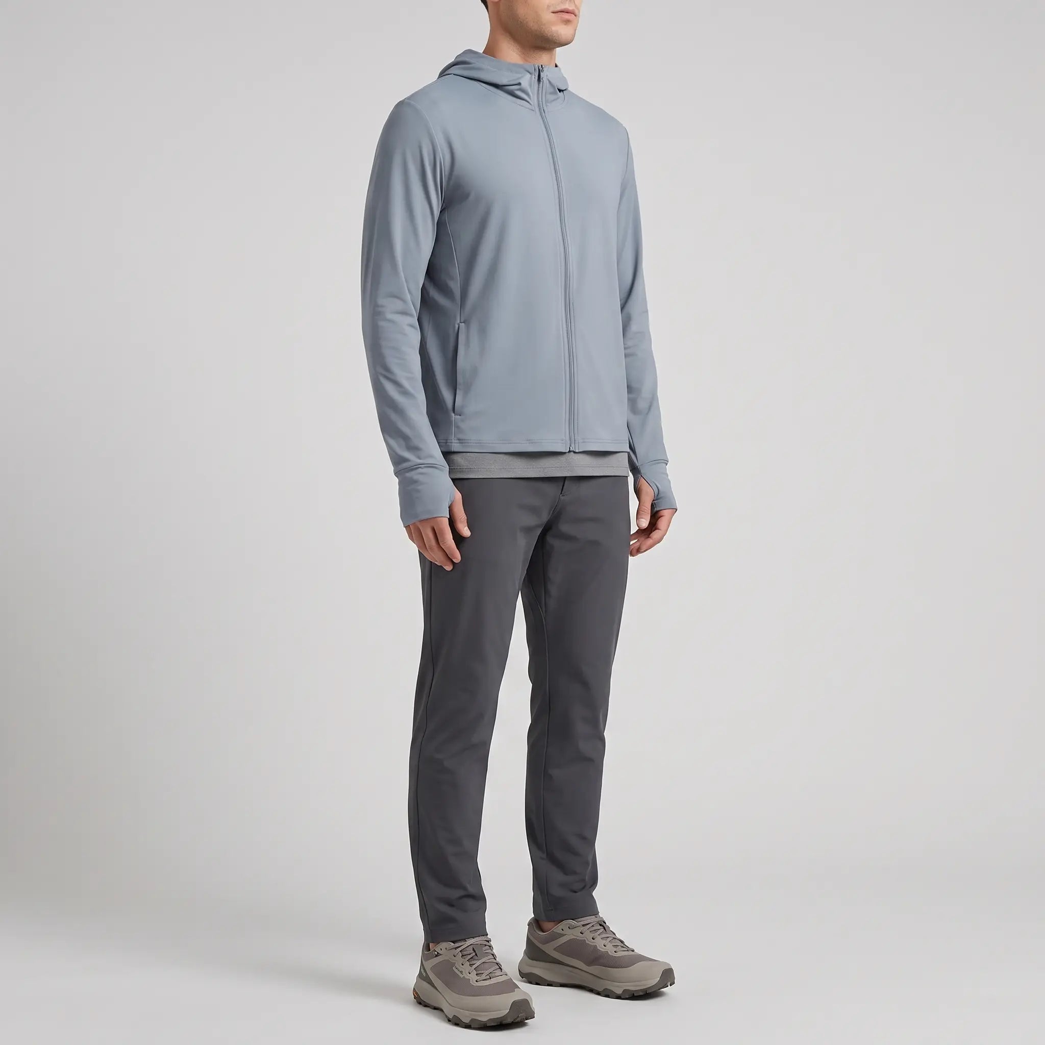 Men's full-zip sun hoodie in distant mountain grey, three-quarter side view