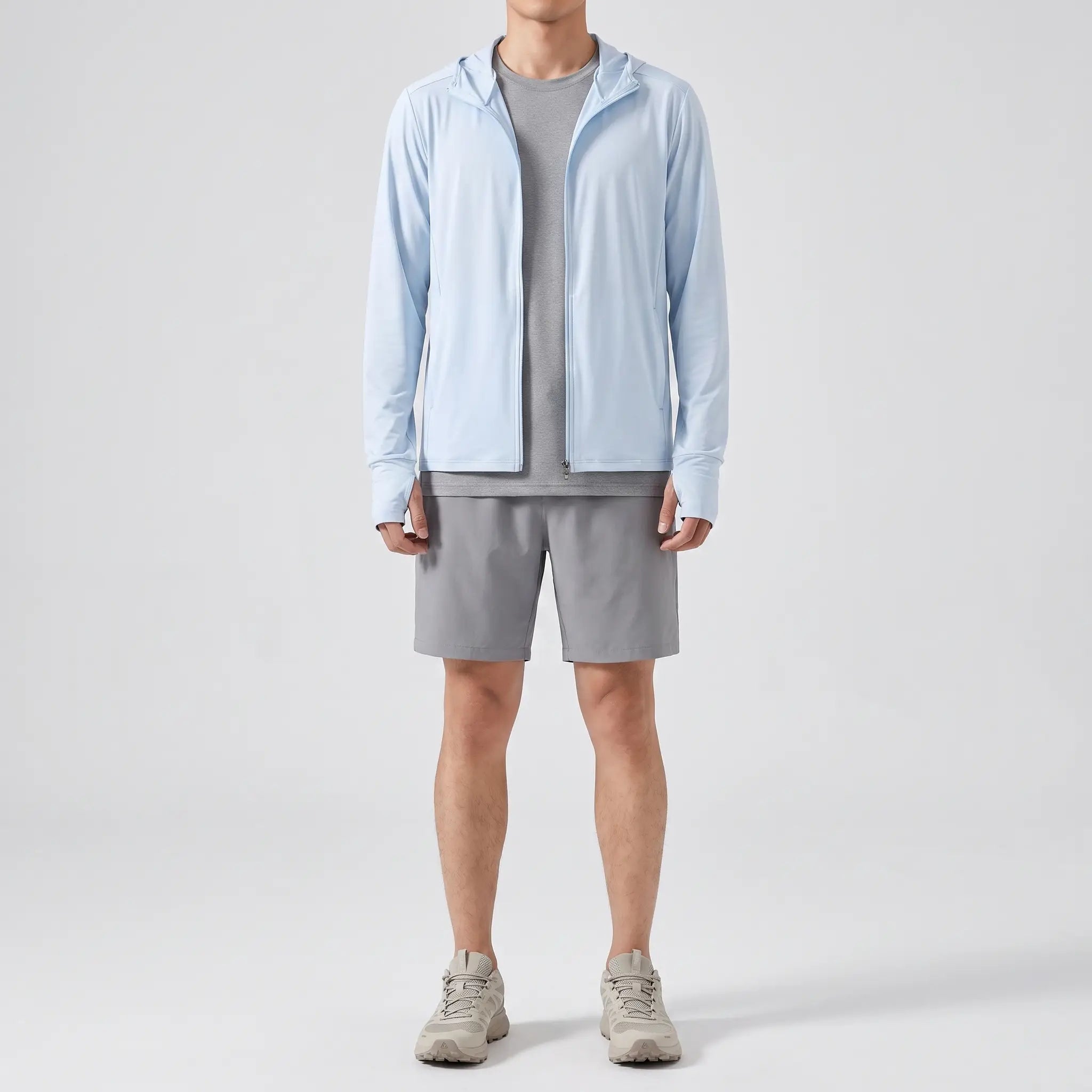 Men's full-zip sun hoodie in light blue, front view