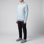 Men's full-zip sun hoodie in light blue, three-quarter side view