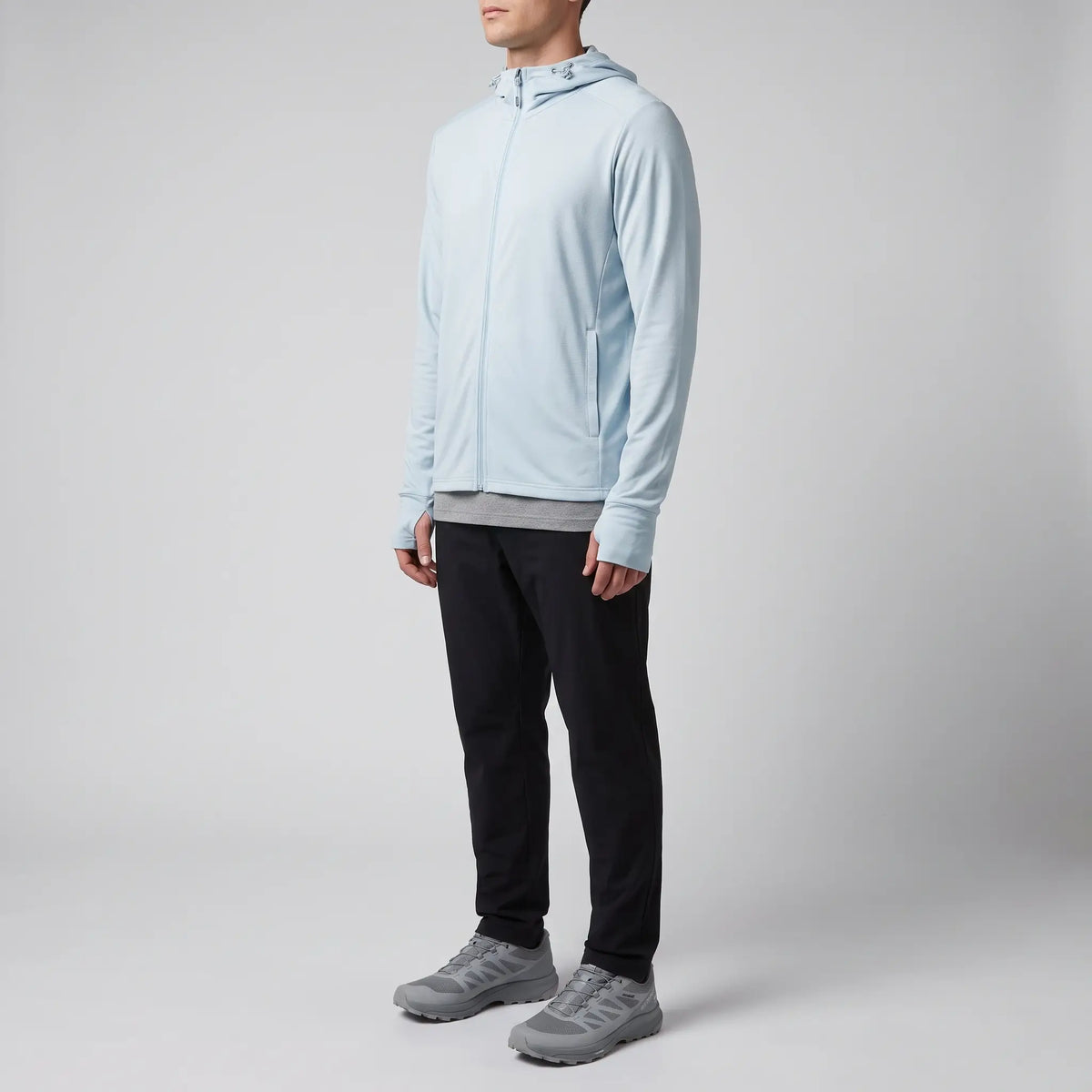 Men's full-zip sun hoodie in light blue, three-quarter side view