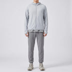 Men's full-zip sun hoodie in light grey, front view