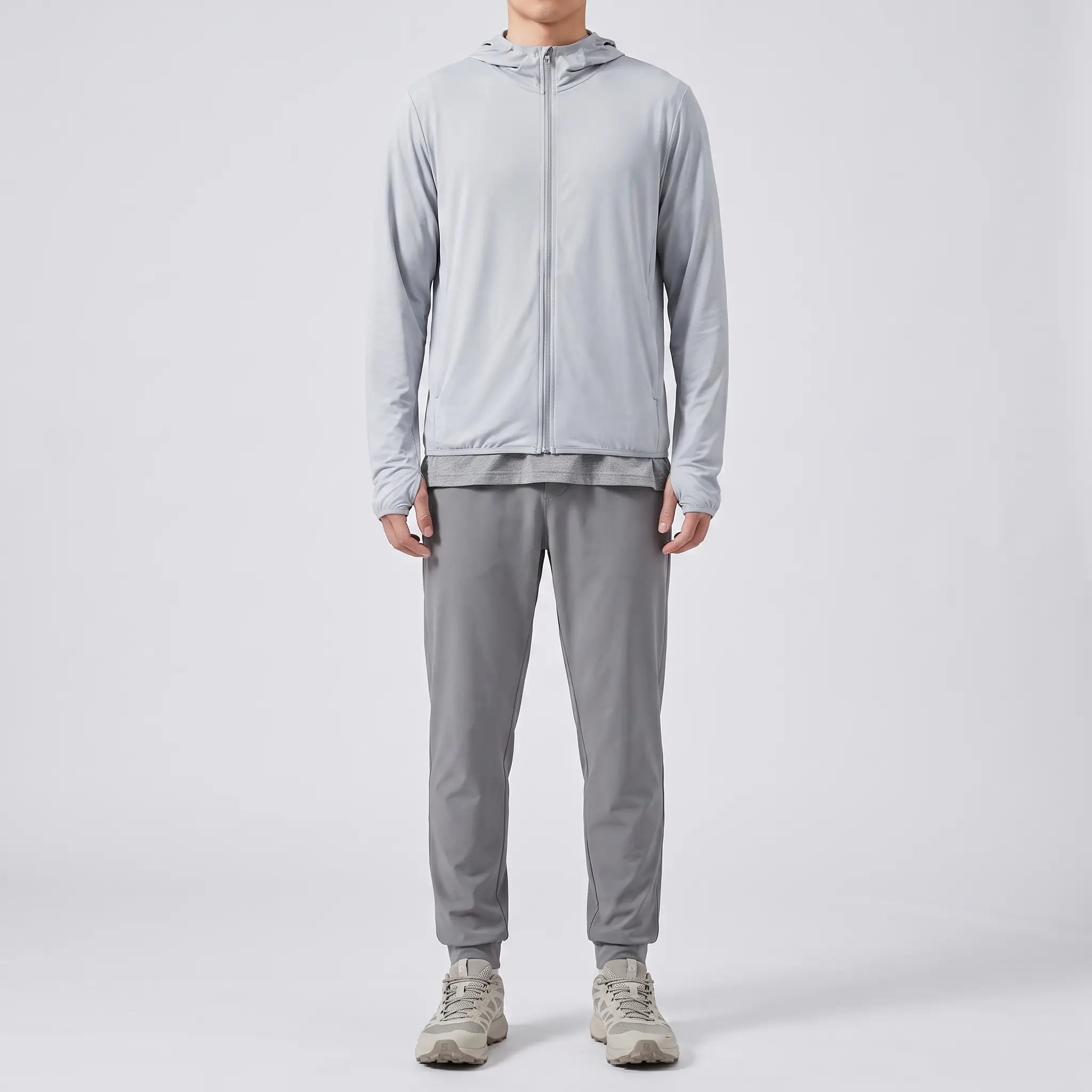 Men's full-zip sun hoodie in light grey, front view