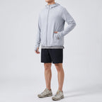 Men's full-zip sun hoodie in light grey, three-quarter side view