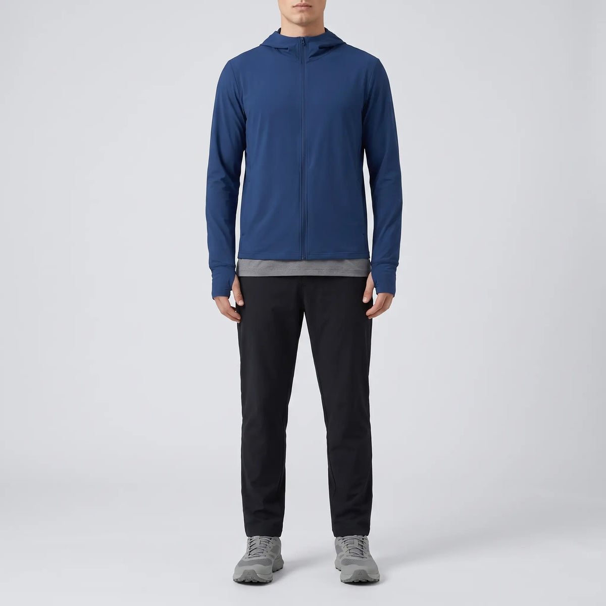Men's full-zip sun hoodie in navy, front view