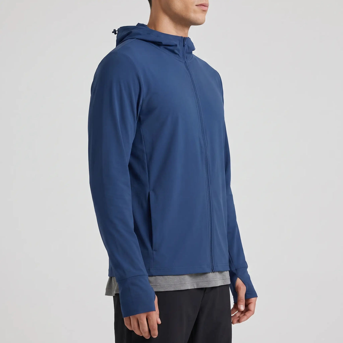 Men's full-zip sun hoodie in navy, three-quarter side view