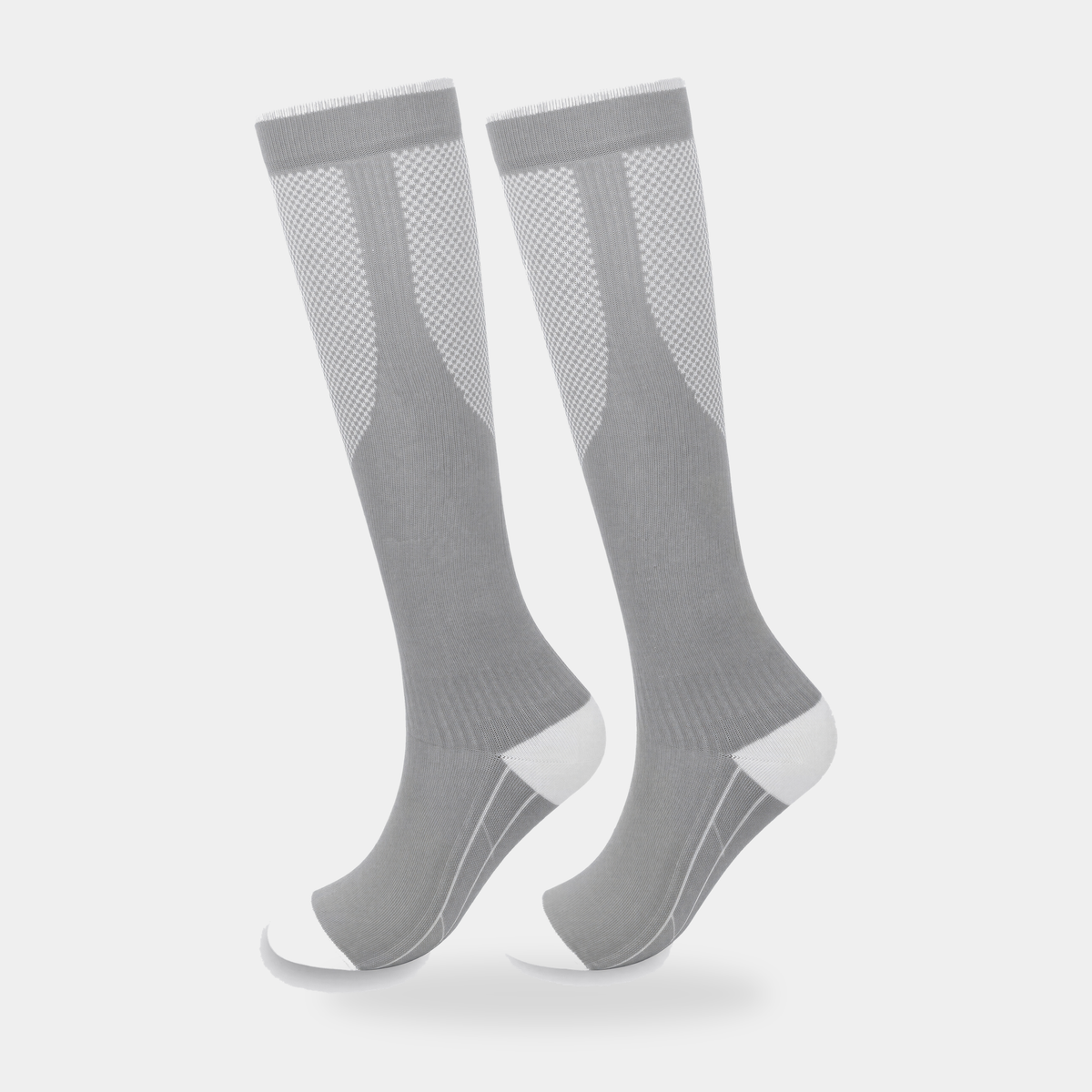 Knee-high sports socks in grey, worn pair, mesh shin panel visible