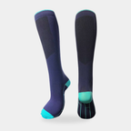 Knee-high sports socks in navy with teal heel toe and cuff, front and back