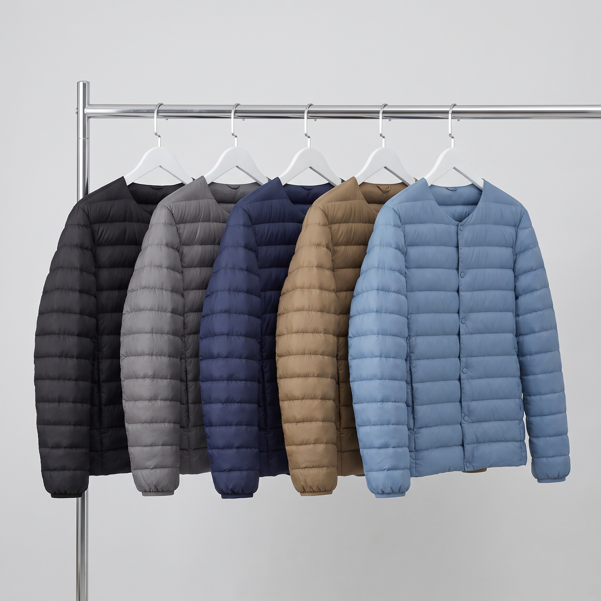Terrabound Men's Down Jacket in Black, Grey, Navy, Khaki and Haze Blue on a rail