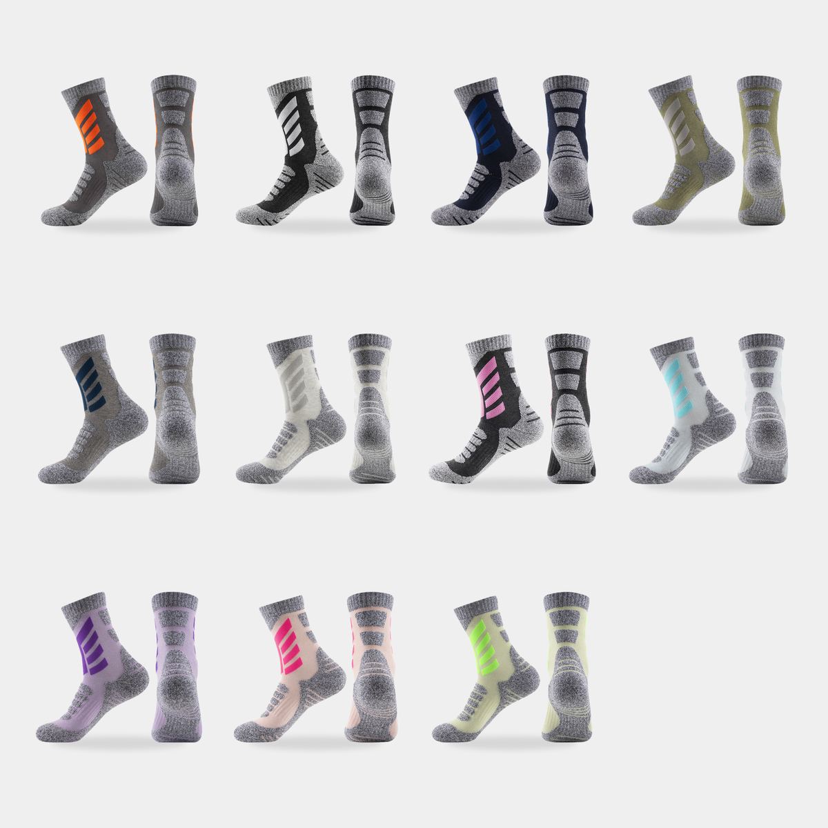 All eleven colourways of the cushioned outdoor socks shown together