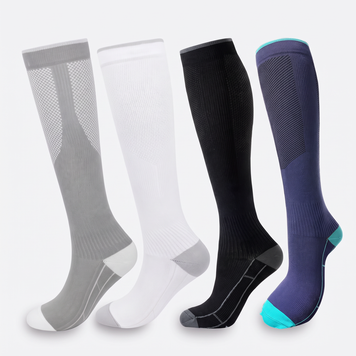 All four sock colourways standing upright side by side