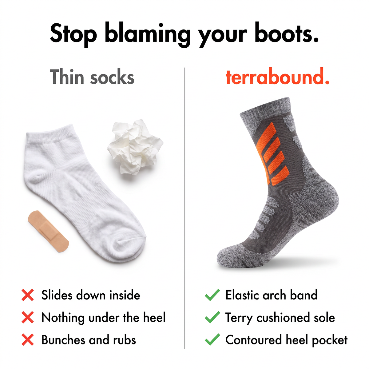 Thin socks compared with the cushioned Terrabound sock, stop blaming your boots