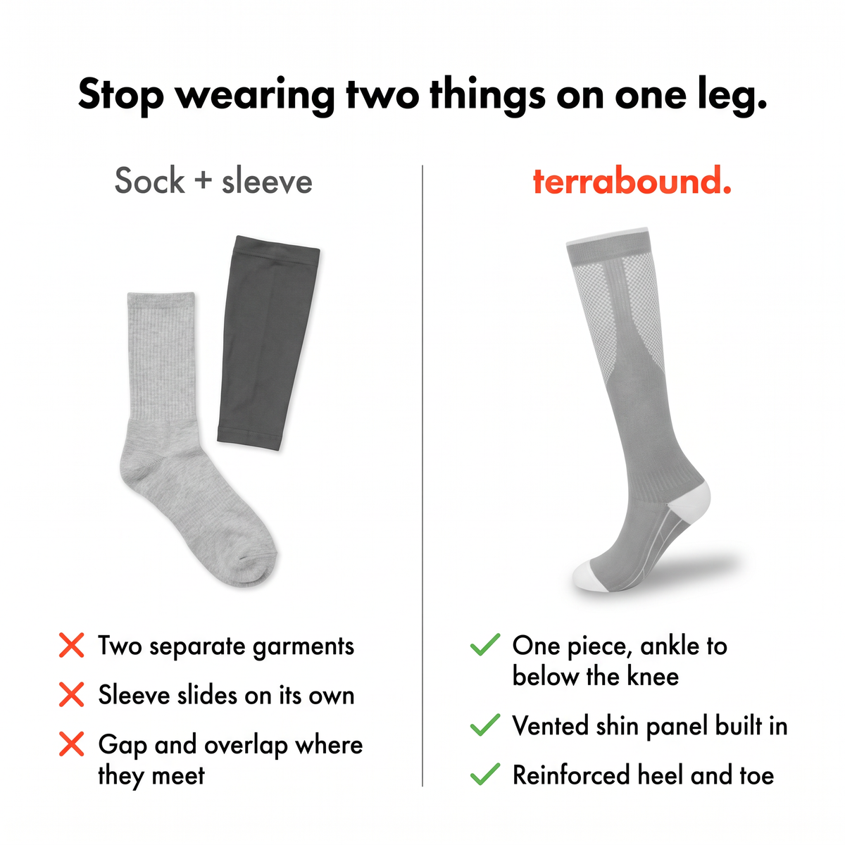 Comparison graphic: sock plus separate calf sleeve versus one knee-high sock